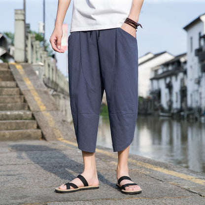 M-5XL Summer New 100% Cotton Loose Cropped Pants Solid Color Casual Elastic Waist Curved Leg Japanese Pants