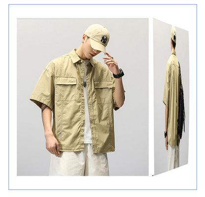 Summer Japanese Cargo Short Sleeve Shirt Men's Pockets Button Turn-down Collar Shirts Fashion Casual Cardigan blouses Tops