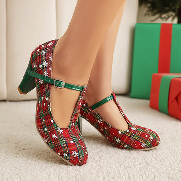 Snowflake Striped Printed Fabric Christmas New Year High Heels Women's Shoes Tapered Thick Heel T-Shaped Strap Buckle Pumps