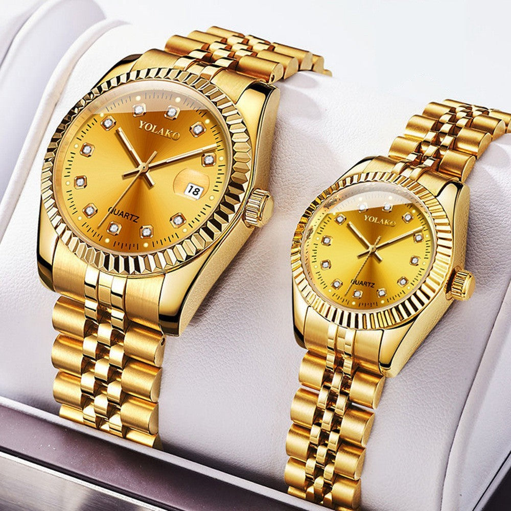 Watches for Women Simple Casual Student Fashion Quartz Diamond-Encrusted Steel Band Calendar Gold Set Men's Watch Couple