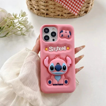 Cute 3D Cartoon Stitch Phone Case For iPhone 17 16 15 14 13 12 Pro Max 11 Cute Head Grip Tok Holder Soft Silicone Cover