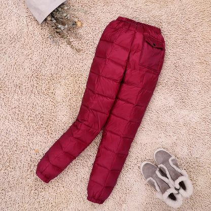 Calça Masculina/Feminina Plus Size de Pluma Grossa 2023 Nova Inverno Cintura Alta 90% Pluma de Pato Branca Quente Reta Calça Casual Feminina