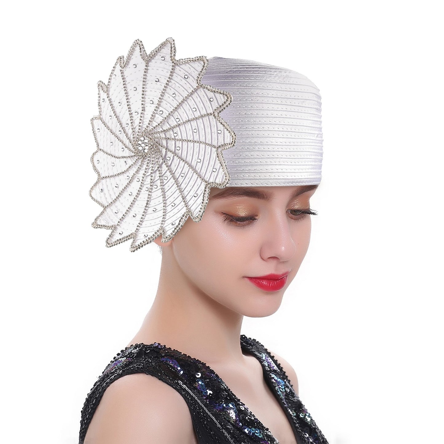 Deluxe New White Church Hat Party Banquet Satin Cloth Photography Hats Premium Chains Formal Hat Flower Top Cap For Women Ladies
