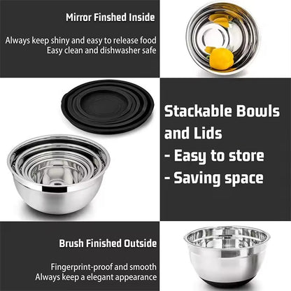 Silicone base thickened with lid cooking basin anti slip salad mixing bowl stainless steel egg beater bowl for kitchen baking