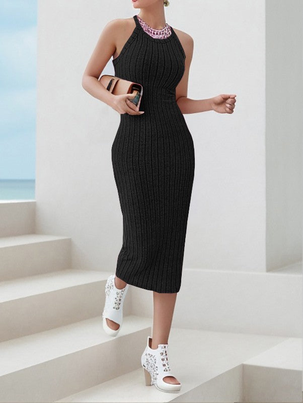 Solid Halter Neck Bodycon Midi Dress High-end temperament vest halter dress wome