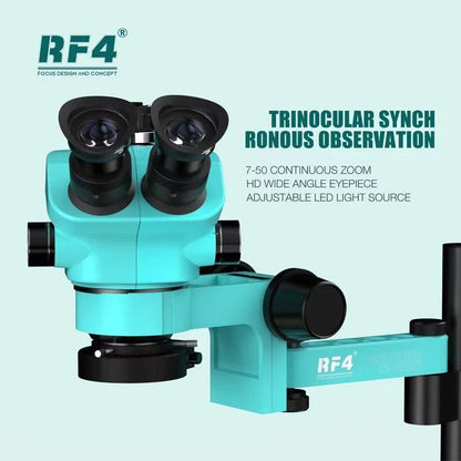 Microscópio Trinocular Estéreo RF4 360° com Braço Articulado para Reparo de Placas PCB de Celulares e Câmera Termográfica 4K C39