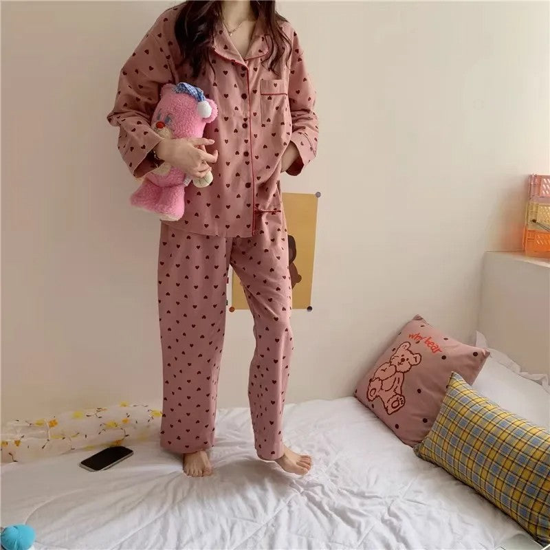 M-XXL Large Size Nightwear Women Sleepwear Autumn and Winter Cardigan Home Wear Peach Heart Long Sleeves School Silk Pajamas