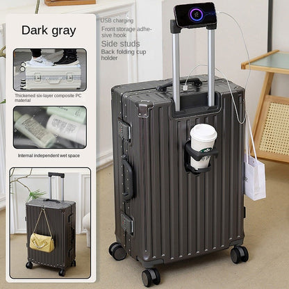 New Suitcase 30 inch Aluminium Frame USB Charging Luggage Carrier 28 inch Boardable 20 inch Travel Suitcase with Cup Holder