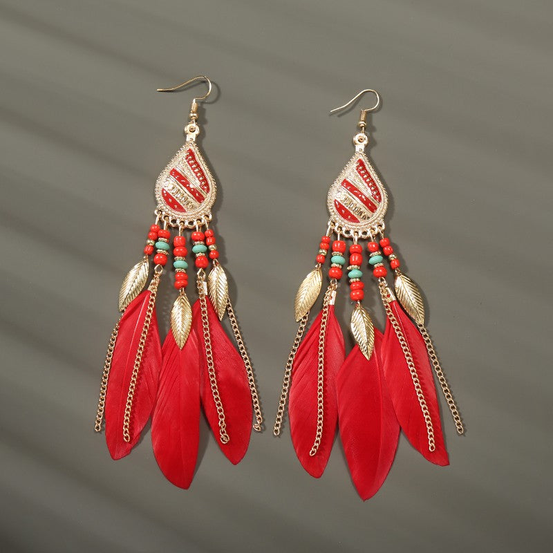 Brincos femininos longos de pena estilo boho, praia, com borla longa, miçangas, flores artesanais esmaltadas, para noiva, casamento, Pendientes Mujer