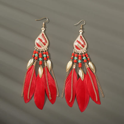 Brincos femininos longos de pena estilo boho, praia, com borla longa, miçangas, flores artesanais esmaltadas, para noiva, casamento, Pendientes Mujer