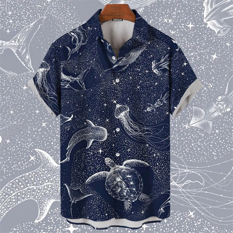 Men's Shirts Hawaii Sea Animal Print Tops 2024 New Summer Oversized T-shirt Women Whales Turtl Graphic Short-Sleeved Unisex Tops