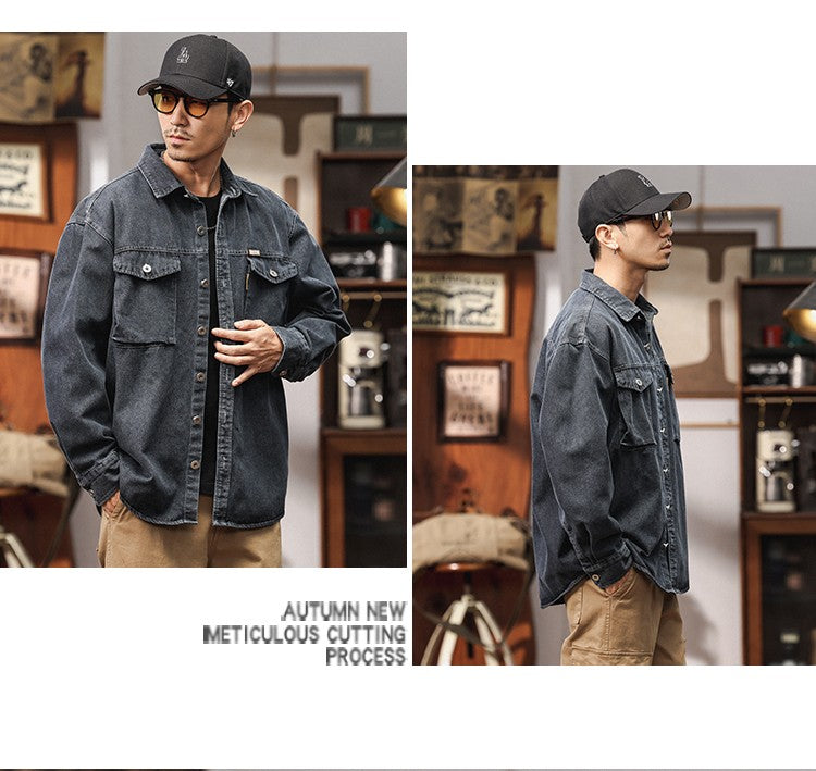 Men's Heavyweight Washed Salt-Faded Long Sleeve Denim Shirt Japanese Retro Loose Cargo Shirt Jackets Chest Pocket Man Outwear