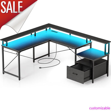 Computer Desk With File Drawer, 64" L Shaped Computer Corner Desk With Power Outlet & LED Strip, Home Office Desk With Monitor-H