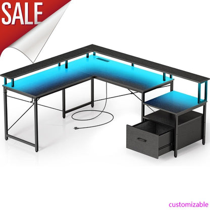 Computer Desk With File Drawer, 64" L Shaped Computer Corner Desk With Power Outlet & LED Strip, Home Office Desk With Monitor-H