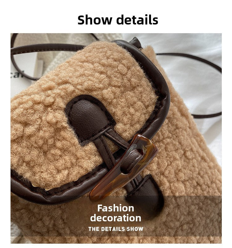 Fashion Winter Lambswool Phone Bag Sweet Lovely Portable Women Wallets Square Purse Faux Fur Plush Shoulder Bags Purses Handbags