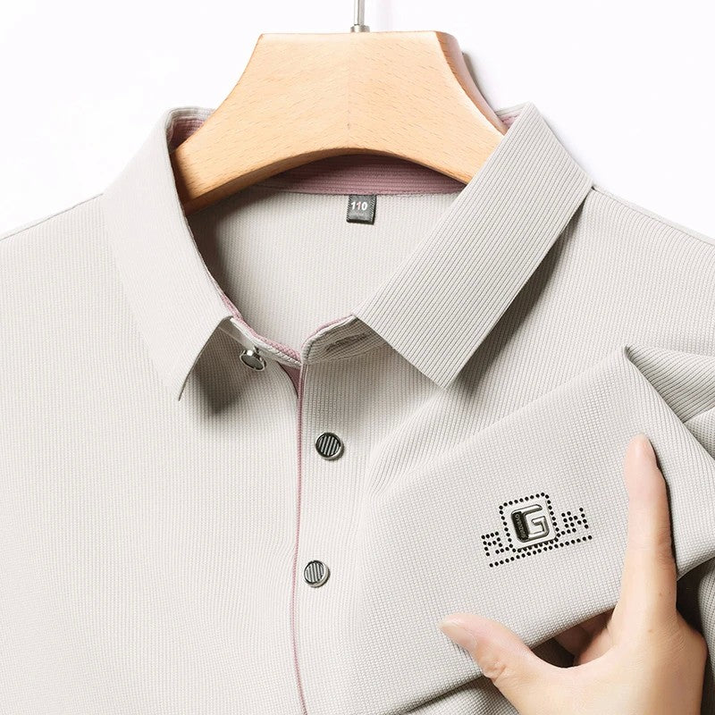 New Men's Business Casual Long Sleeved Shirt with Badge Solid Color Polo Shirt Fashionable Breathable Comfortable Versatile Top