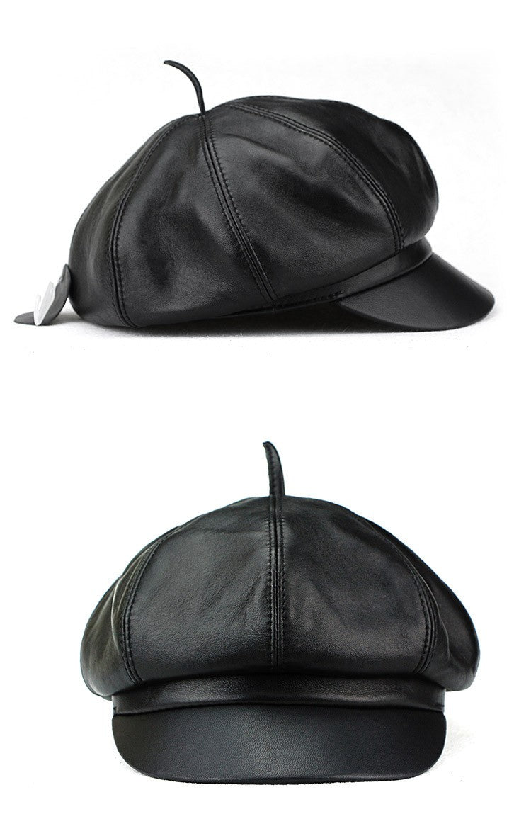 Autumn Winter Women's Genuine Sheep Leather Octagonal Beret | Leopard Print Trendy Painter Hat Celebrity Style Versatile Cap