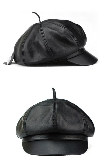 Autumn Winter Women's Genuine Sheep Leather Octagonal Beret | Leopard Print Trendy Painter Hat Celebrity Style Versatile Cap