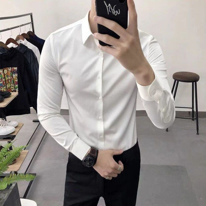 Korean Fashion Trend Casual Elastic Design Sense Short Sleeve Shirt Men's Solid Lapel Collar Button Breathable Simple Slim Tops