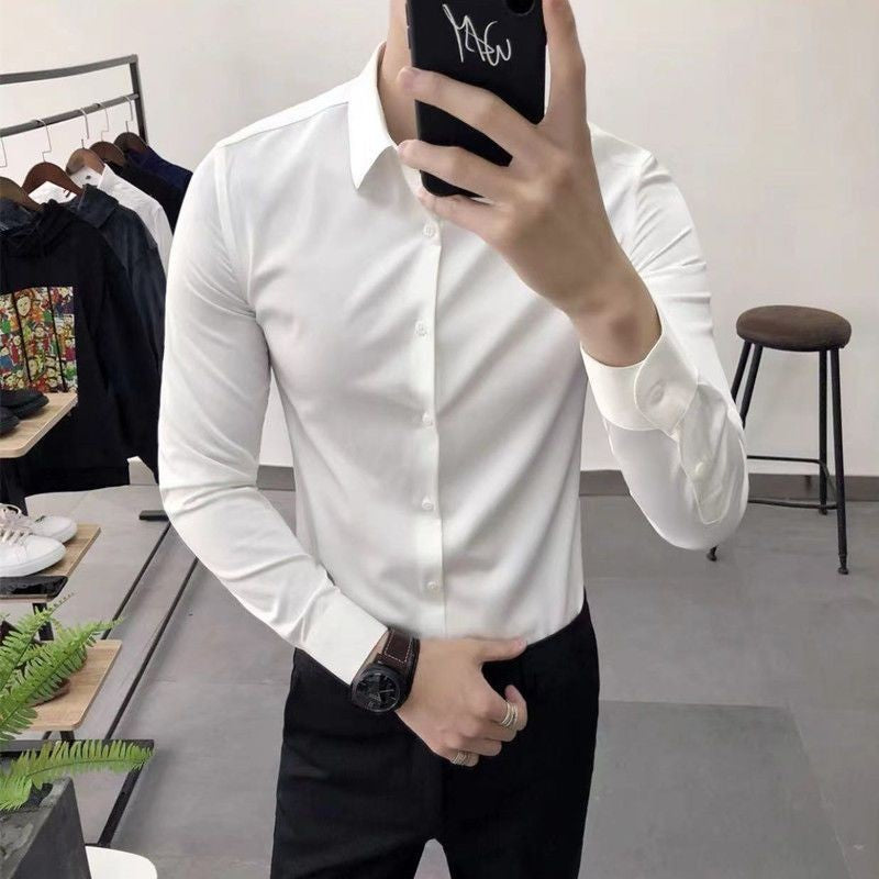Korean Fashion Trend Casual Elastic Design Sense Short Sleeve Shirt Men's Solid Lapel Collar Button Breathable Simple Slim Tops