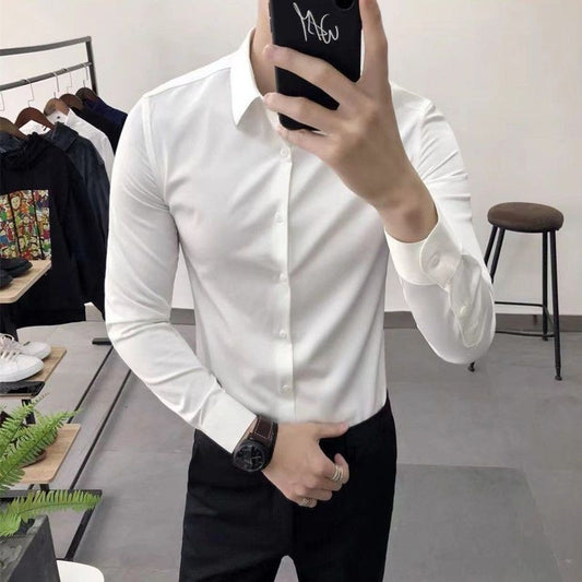 Korean Fashion Trend Casual Elastic Design Sense Short Sleeve Shirt Men's Solid Lapel Collar Button Breathable Simple Slim Tops