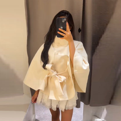 chic vintage cape jacket with belt stand neck single breasted loose coat loose flare sleeve coats early lady autumn Y2K outwears