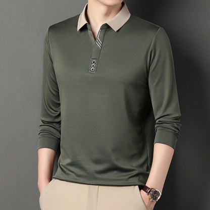 New Men's Long-sleeved Polo Shirt Sweatwear Business Casual Top Fashion Classic Solid Color Male Brand Basic V-neck Top