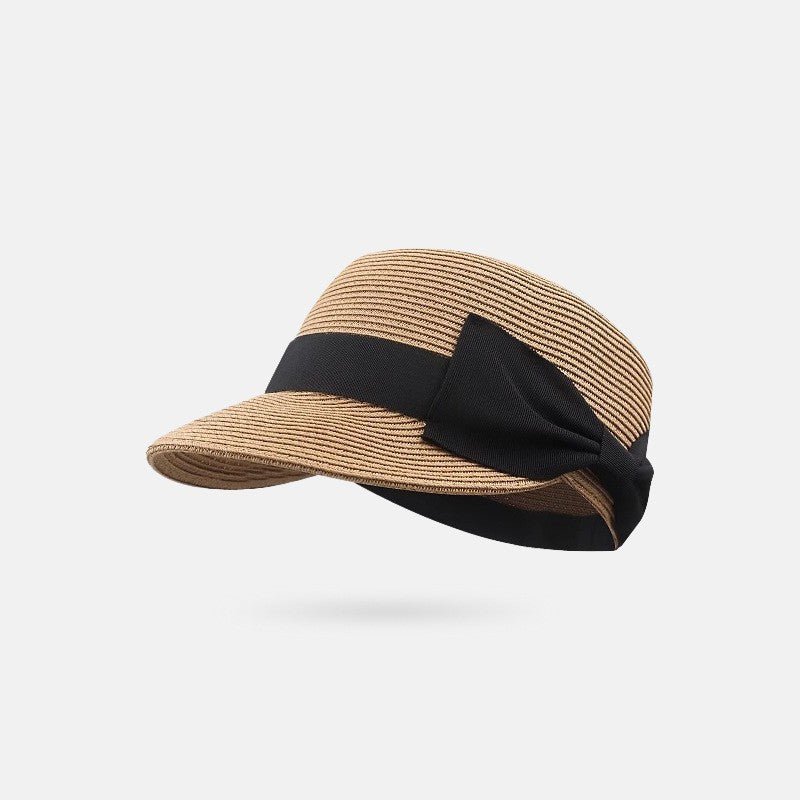 Bow shaped dome grass woven duckbill hat for women, summer outdoor face enhancing small grass hat, sun protection and shading