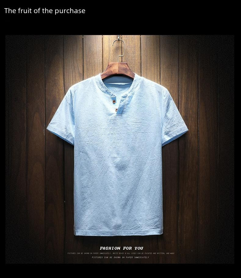Men's Summer Loose-fit Short Sleeve Linen T-shirt Cotton Linen Body Solid Color Breathable V-neck Thin Top