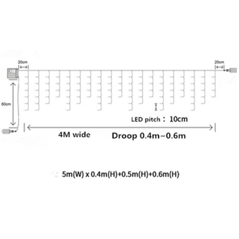 5M Christmas Garland LED Curtain Icicle String Lights Droop 0.4-0.6m AC 220V Garden Street Outdoor Decorative Holiday Light
