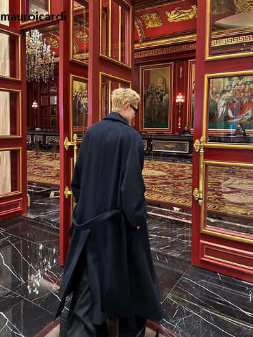 Mauroicardi Autumn Winter Oversized Extra Long Warm Navy Blue Wool Blends Coat Men Loose Luxury Designer Woolen Overcoat 2024