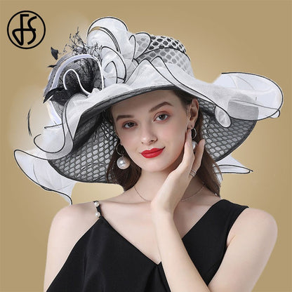 FS Mulheres Organza Vermelha Chapéus Casamento Fascinadores Elegante Grande Aba Larga Fedora Kentucky Derby Chapéus Festa Formal Igreja Chapéu Feminino
