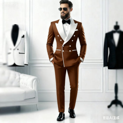 Men's 2-Piece Casual Smalking Set with White Lapel Blazer And Black Pants Wedding Groomsmen Suit for Ceremony And Festa
