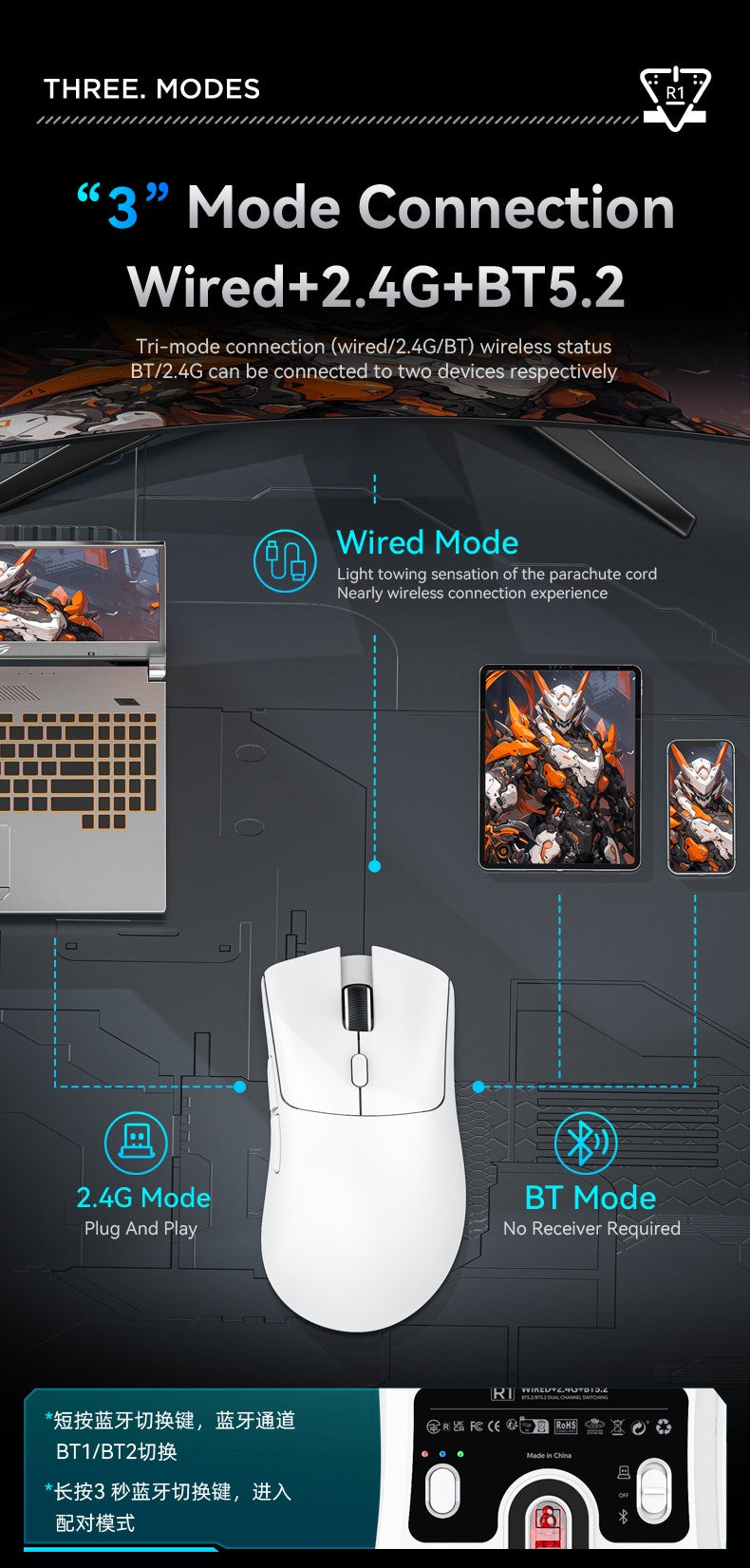Mouse Gamer Sem Fio Attack Shark R1/X11, 18K DPI PAW3311, Ergonômico, Leve, Tri-Modo Bluetooth 2.4GHz USB, para PC/Notebook
