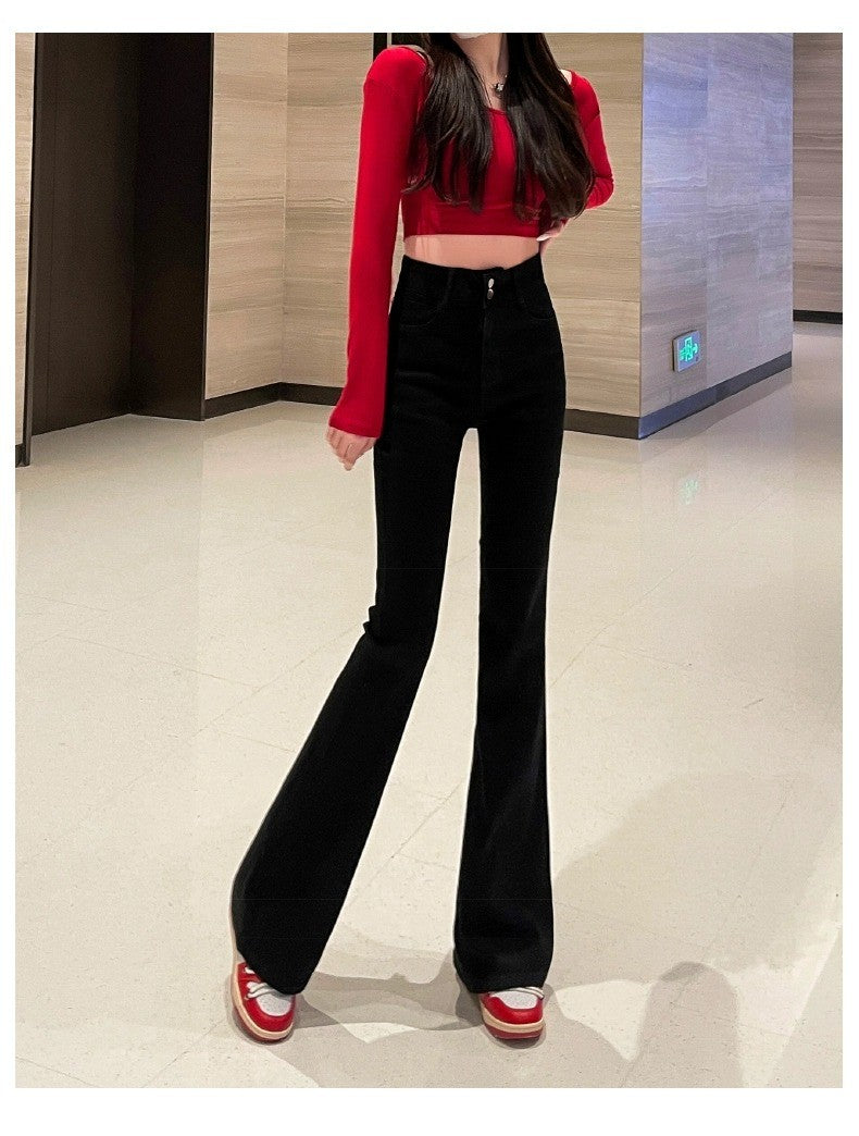 High Waist Fce Lined Thiened Autumn Winter American Bla ey Micro Flared Jeans Women Slimming Legging  Hoof Pants