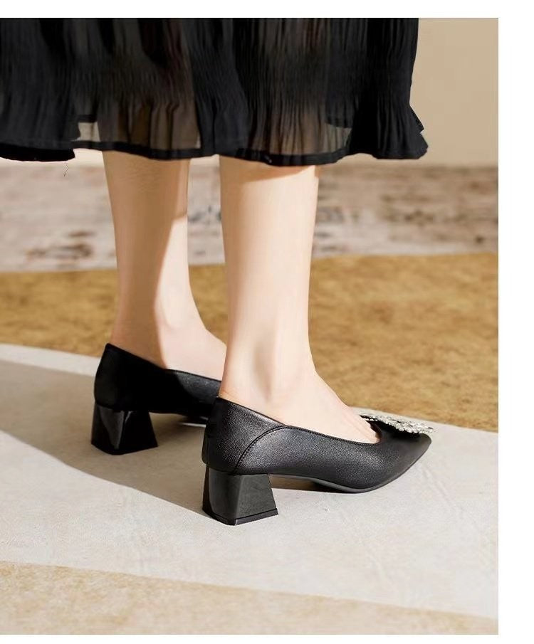 Women's Elegant Black Mid Block Heels Pumps with Crystal Rhinestone Pointed Toe Dress Shoes