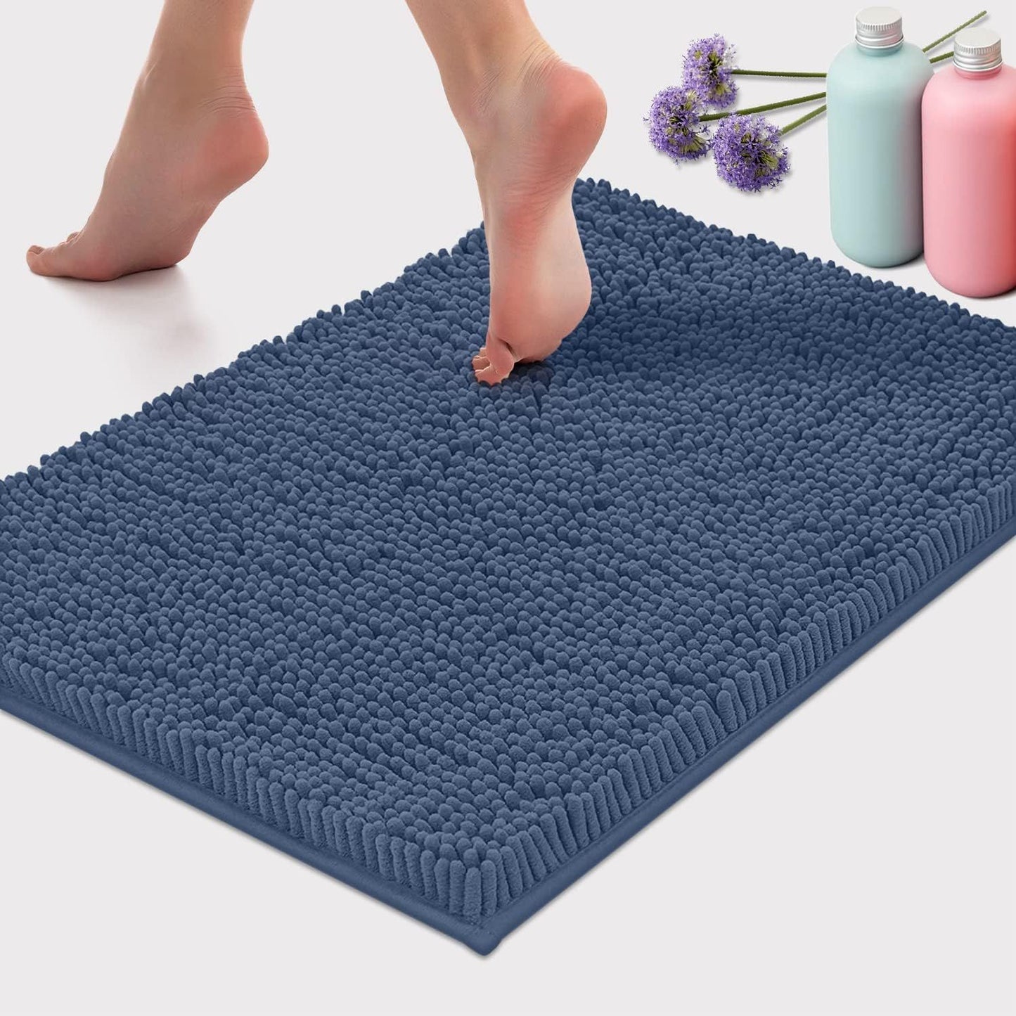 Tapete de Banho de Pelúcia Macia Chenille Absorvente Lavável à Máquina Tapete de Banheiro Antiderrapante Adequado para Bacias e Chuveiros
