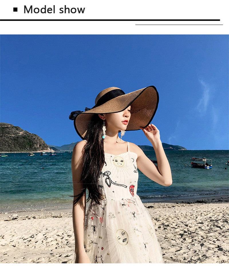 Women Summer Beach Travel Straw Hat Korean Seaside Big Hat Brim Sunblock Sunshade Holiday Foldable Fashion Big Cool Hat