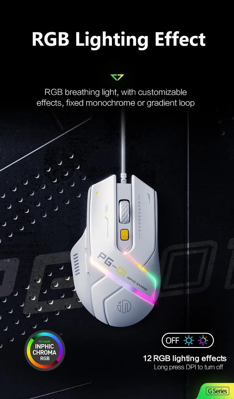 Mouse Inphic PG1 com Fio para Escritório/Jogos com 12 Efeitos de Iluminação RGB e 12800DPI, Adequado para Desktops e Laptops