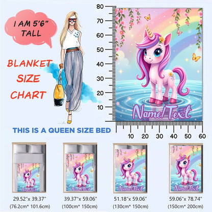 Customizable name cute unicorn pattern flannel blanket suitable for sofa, office, bed, travel, camping, suitable for all seasons