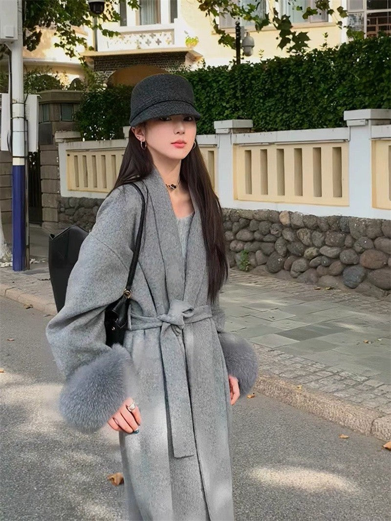 Korean Style Temperament Fur Collar Fashion Women's Coat Medium To Long Simple Casual Woolen Coat Slimming Versatile Woolen Coat