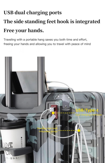 Suitcase Wide Handle Travel Suitcase Men 20 24 26 Carry-On Luggage Women PC Aluminum Frame Trolley Case