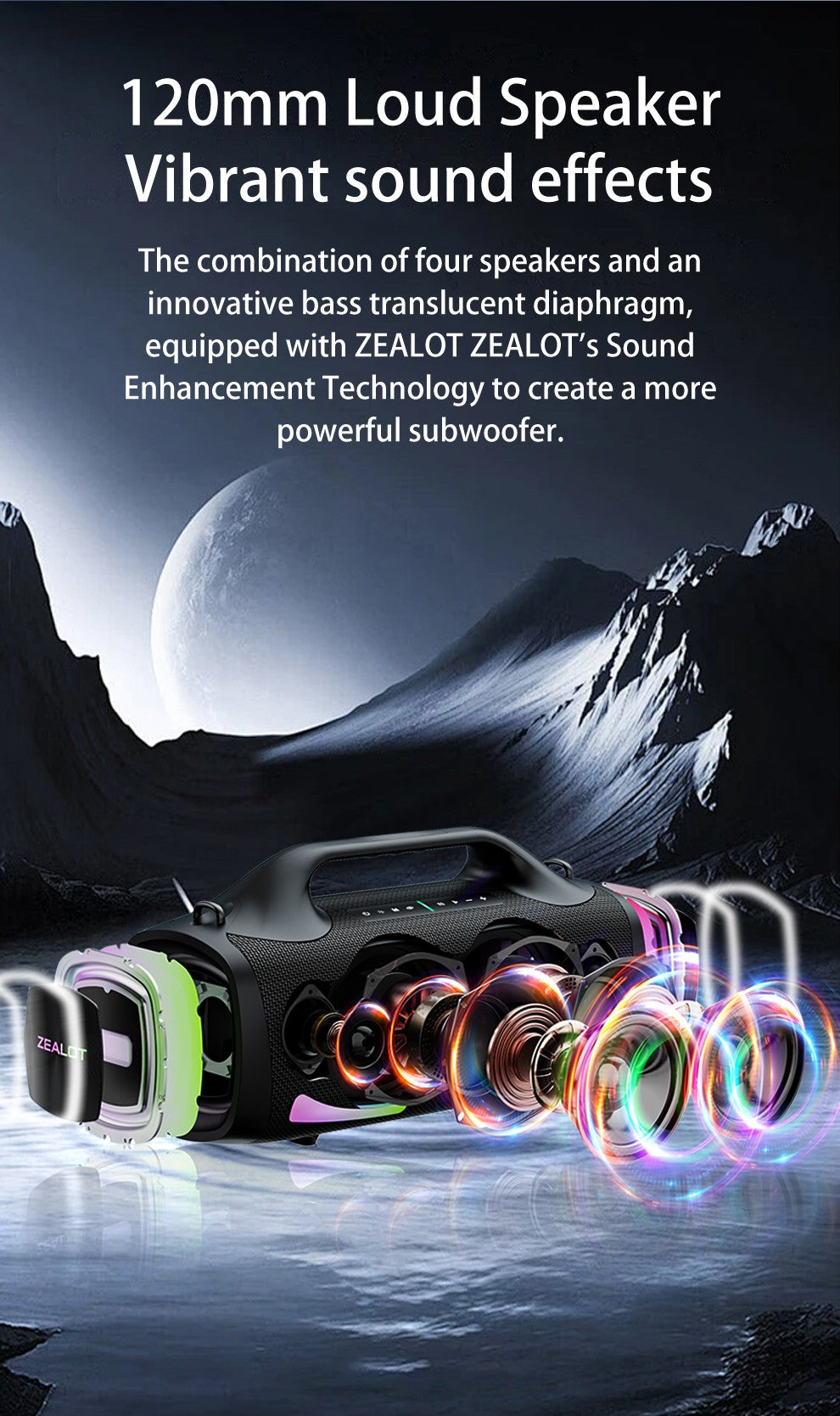Caixa de Som Sem Fio Zealot S79 100W, Subwoofer Portátil para Exterior, Qualidade de Som Hifi, Pareamento Duplo, Carregamento Rápido, 24000mAh.