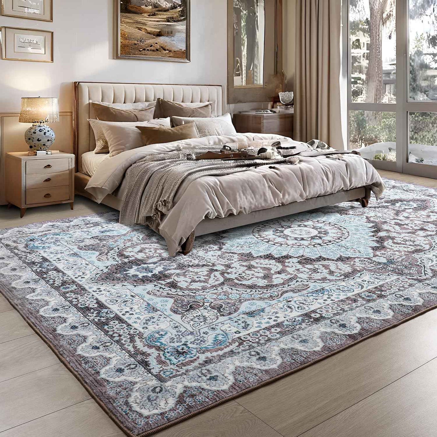 Area Rugs for Living Room, Machine Washable Vintage Rug, Non-Slip Low Pile Throw Rugs with Rubber Backing Washable Carpet