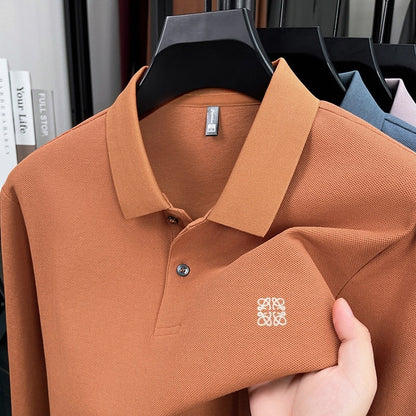 100% pure cotton spring and autumn fashionable men's collar striped long sleeved polo shirt brand embossed casual T-shirt