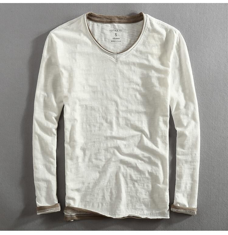 Mens Long Sleeve T-shirt Cotton V-neck Solid Casual Tops Tees for Men Japanese Vintage Frayed Collar and Raw Edges Tshirt