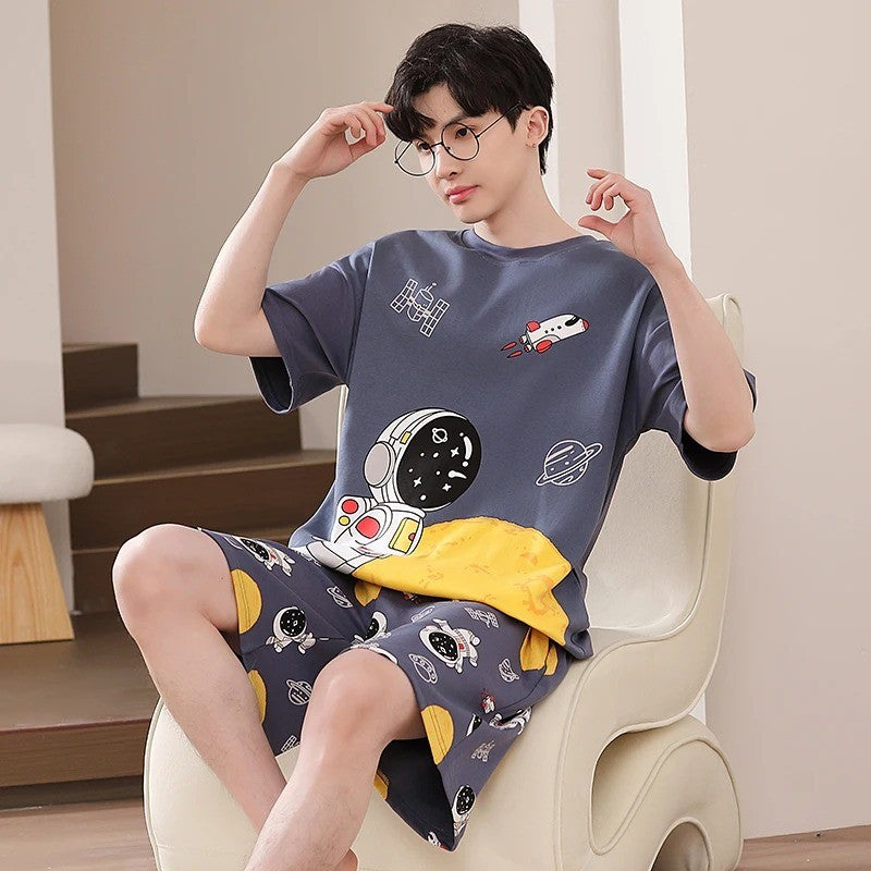 Cotton Summer Thin Men's Pajamas Set Plus Size Short Sleep Tops Pant Sleepwear Suit Male Home Suit Homewear Casual Pyjamas