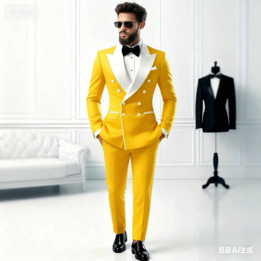 Men's 2-Piece Casual Smalking Set with White Lapel Blazer And Black Pants Wedding Groomsmen Suit for Ceremony And Festa