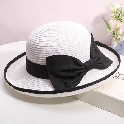 Chapéu de palha feminino de verão, edição coreana, com aba enrolada, elegante, com laço, chapéu de pesca para viagem, proteção solar e sombreamento, chapéu de praia