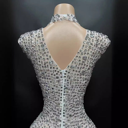 Sexy Full Drill Elastic Slim Fit Sleeveless Long Dress - Hip Wrap, For Host Stage Catwalk & Engagement Evening High-Slit Dresses